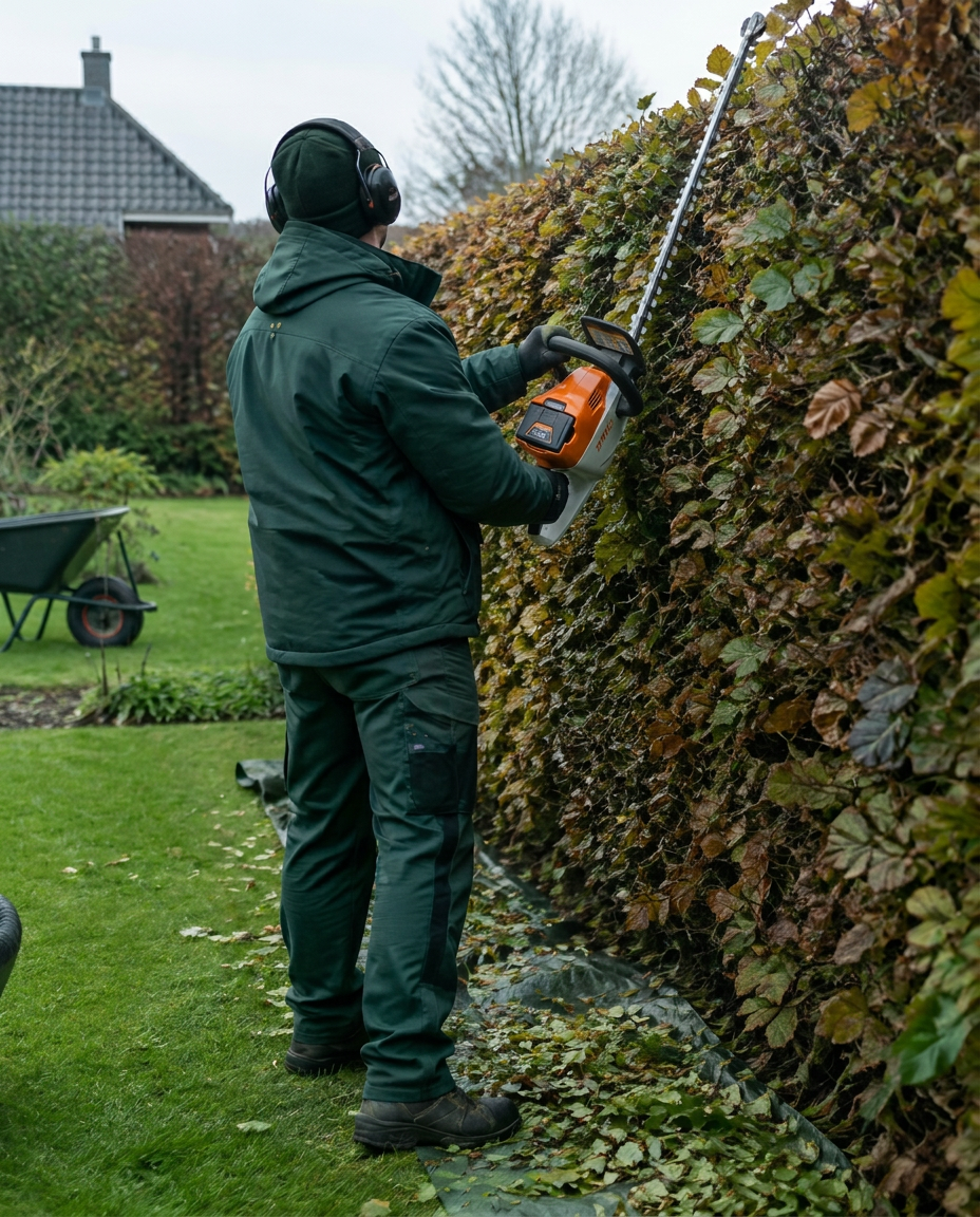 Gärtner beim Schnitt einer hohen Buchenhecke in einem Privatgarten