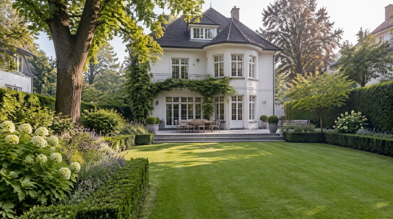 Gepflegter Villengarten mit Rasen, Hecken und altem Baumbestand in Berlin