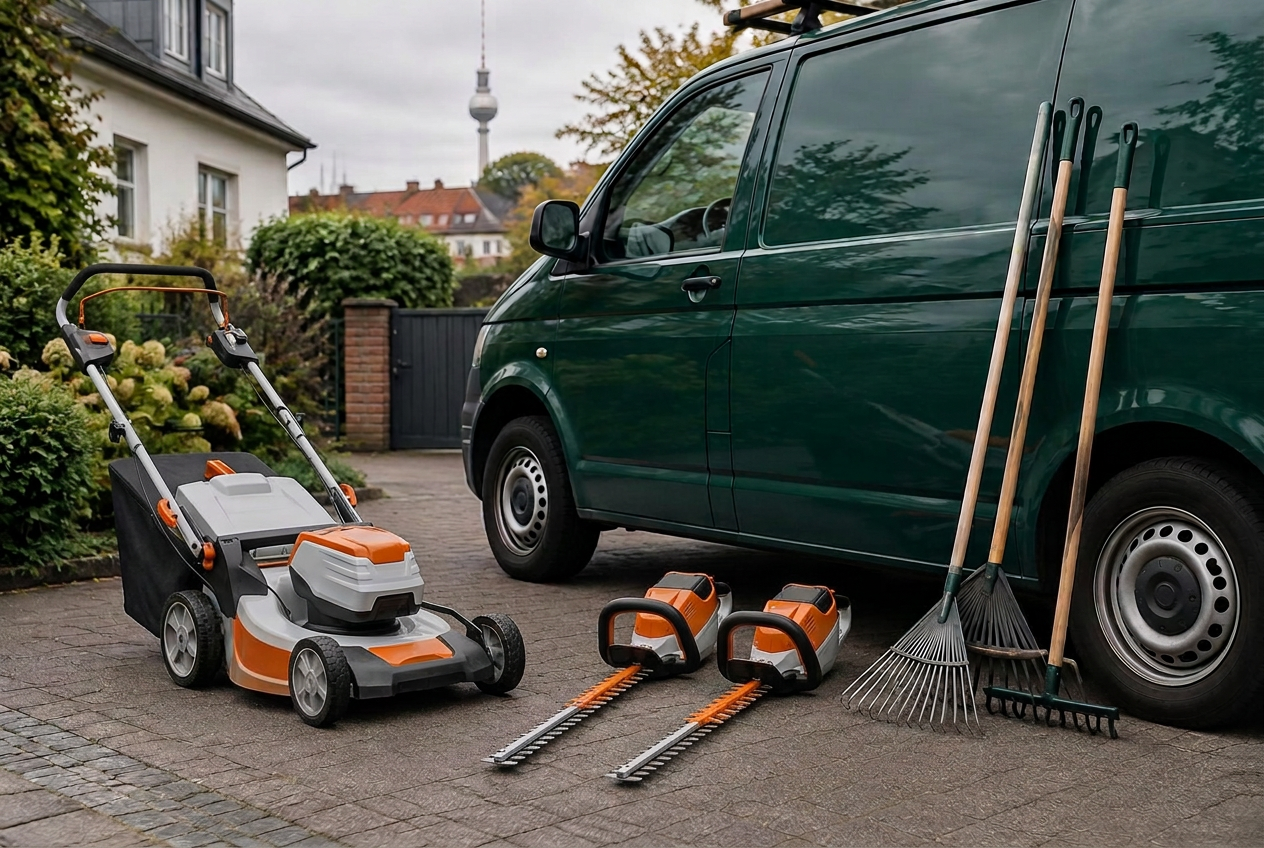 Akkubetriebene Gartengeräte und Firmenfahrzeug vor einem Garten